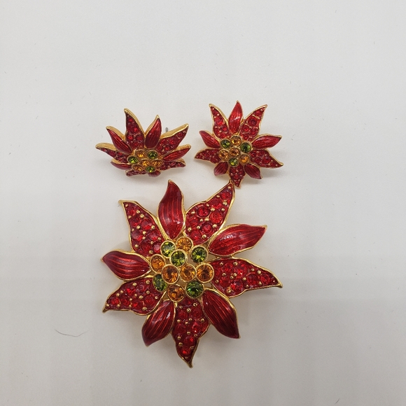 Christopher Radko Poinsettia Earrings/Brooch set - Picture 2 of 16